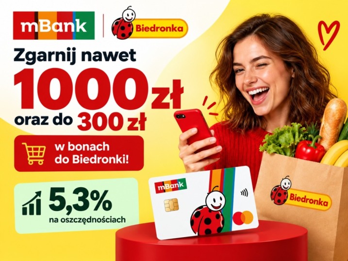 Konto mBank – do 1300 zł premii (Gotówka + Bony do Biedronki)