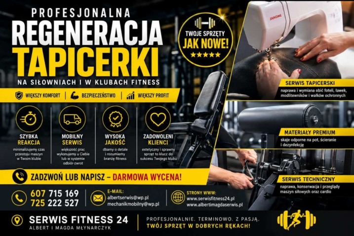 Regeneracja tapicerki na siłowniach, w klubach fitness i studiach treningowych, serwis sprzętu na siłowni