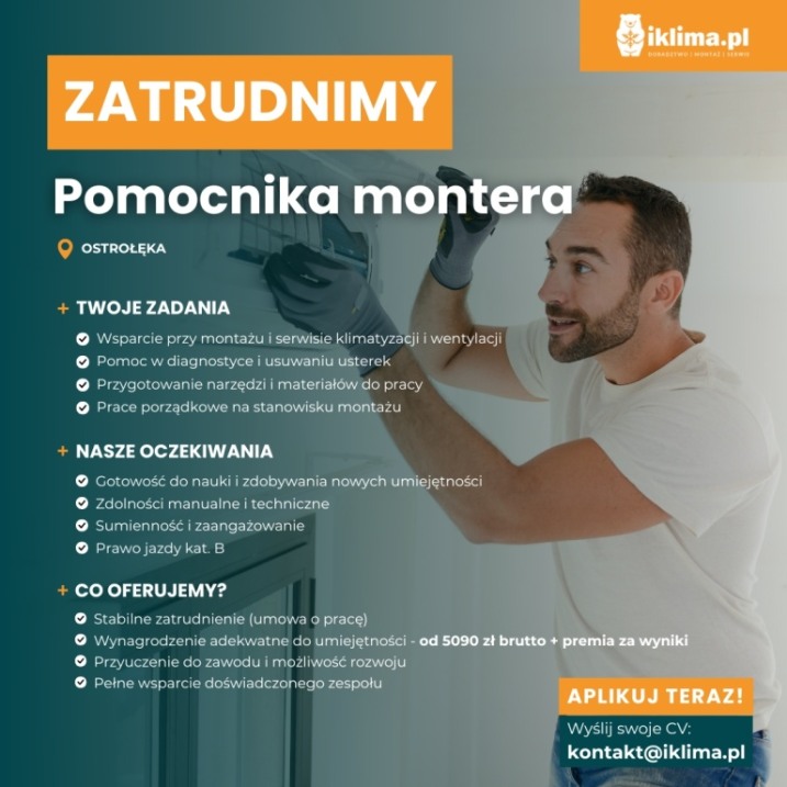 Pomocnik montera klimatyzacji i wentylacji bez doświadczenia