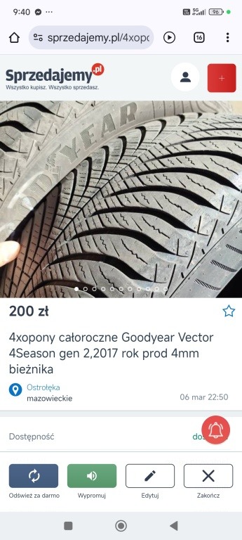2xopony całoroczne Goodyear Vector 4Season gen 2,2017 rok prod 4mm bieżnika . Jeszcze posłużą. Komplet opon równomiernie zurzyty jeździły na Skoda Superb Oponki klasa premium. Zapraszam do obejrzenia