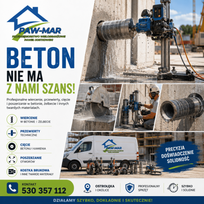 Wiercenie, Przewierty, Cięcie, Kucie, Poszerzenia w betonie, betonie zbrojonym, wstawianie nadproży