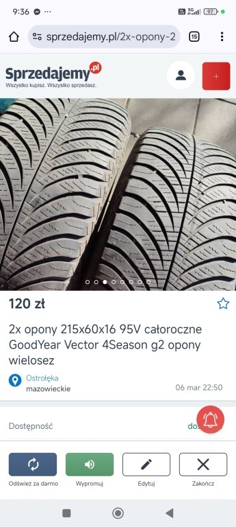 2xopony całoroczne Goodyear Vector 4Season gen 2,2017 rok prod 4mm bieżnika . Jeszcze posłużą. Komplet opon równomiernie zurzyty jeździły na Skoda Superb Oponki klasa premium. Zapraszam do obejrzenia