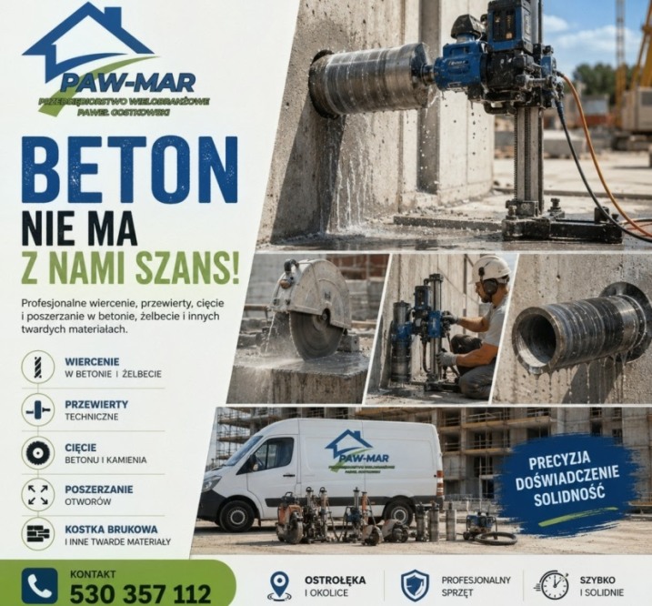 Prace w betonie, wiercenie, kucie, poszerzanie, przewierty