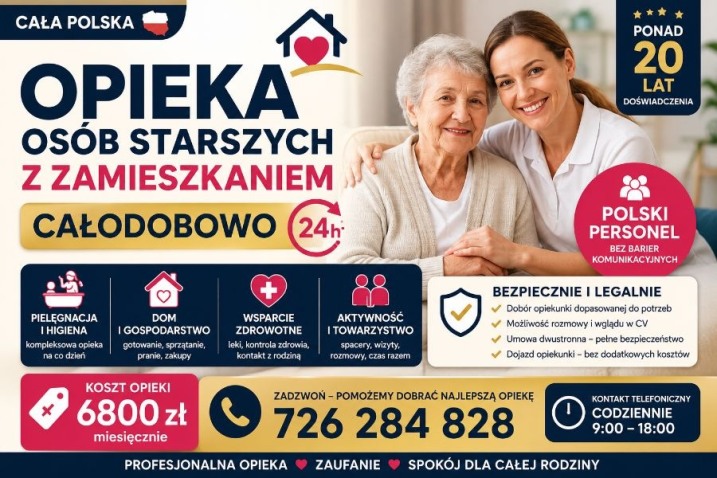 Opiekunka do osoby starszej z zamieszkaniem - całodobowo