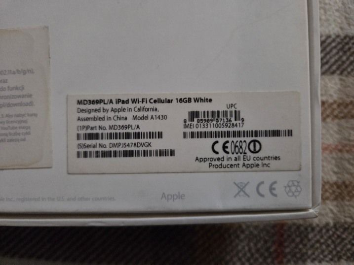 Model A1430  iPad Wi-Fi Cellular 16GB W