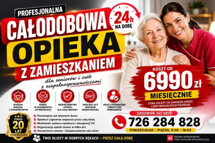 Opieka nad SENIOREM 24h od 6990 zł.Opiekunka zamieszka z seniorem