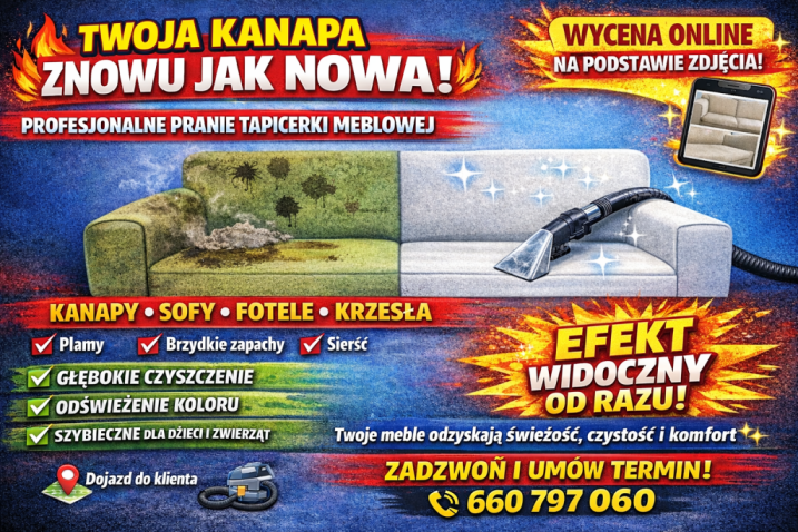 Profesjonalne pranie tapicerki meblowej, kanap, wykładzin