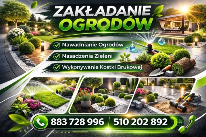 Zakładanie ogrodów, kostka brukowa, nasadzenia roślin, nawodnienie ogrodu
