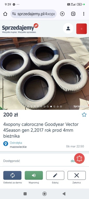 2xopony całoroczne Goodyear Vector 4Season gen 2,2017 rok prod 4mm bieżnika . Jeszcze posłużą. Komplet opon równomiernie zurzyty jeździły na Skoda Superb Oponki klasa premium. Zapraszam do obejrzenia