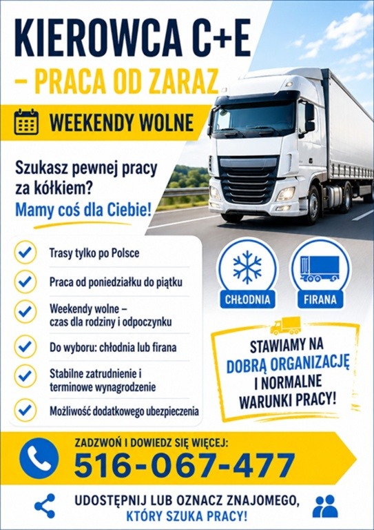 KIEROWCA C+E – PRACA OD ZARAZ | WOLNE WEEKENDY