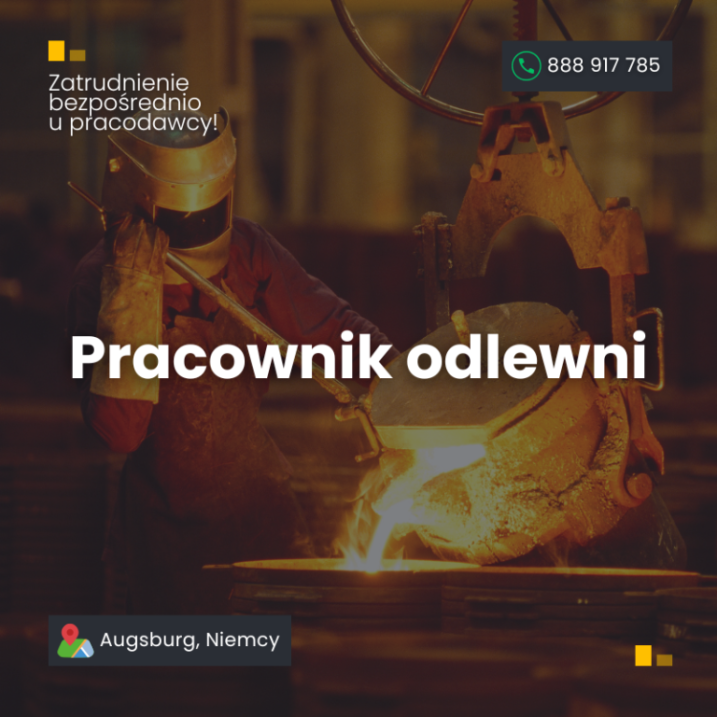 Pracownik odlewni – 20€/h, niemiecka umowa, bez języka