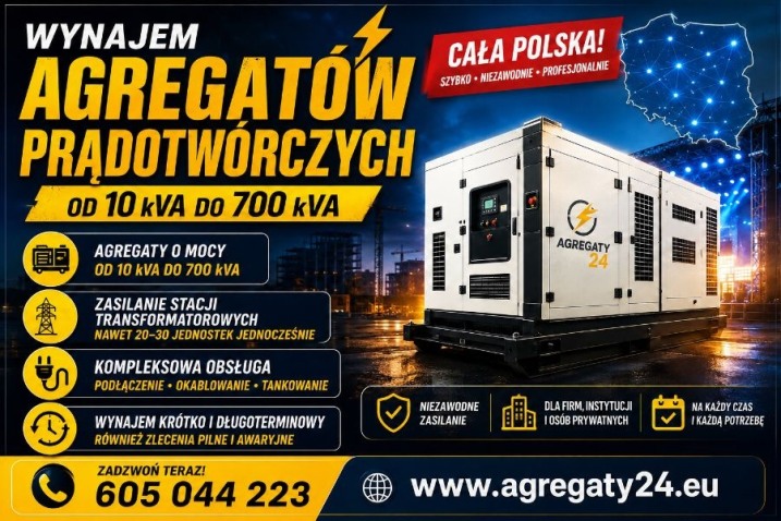 AGREGATY PRĄDOTWÓRCZE DO 700 kVA  - WYNAJEM - USŁUGI