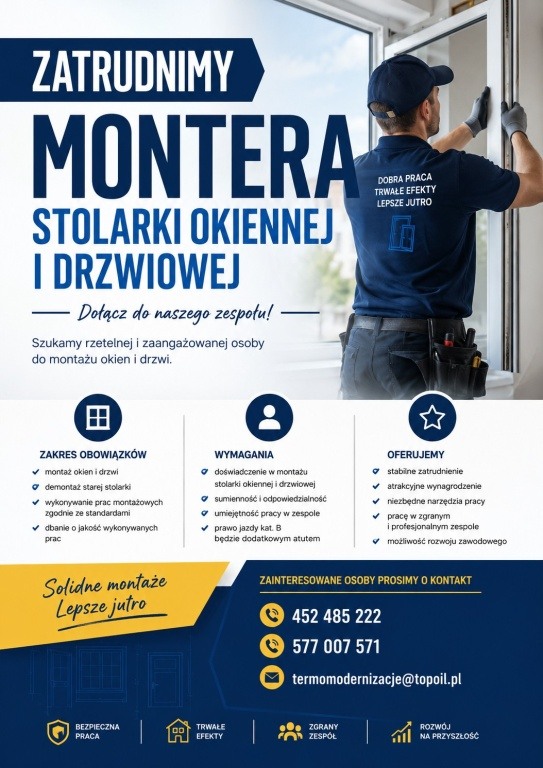 Zatrudnimy Montera Stolarki Okiennej i Drzwiowej