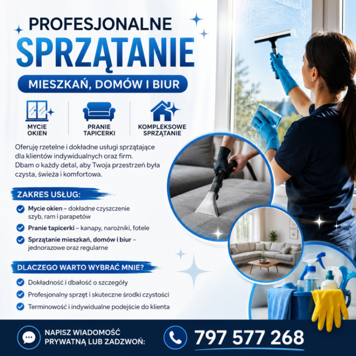 usługi sprzątające, mycie okien,pranie tapicerki
