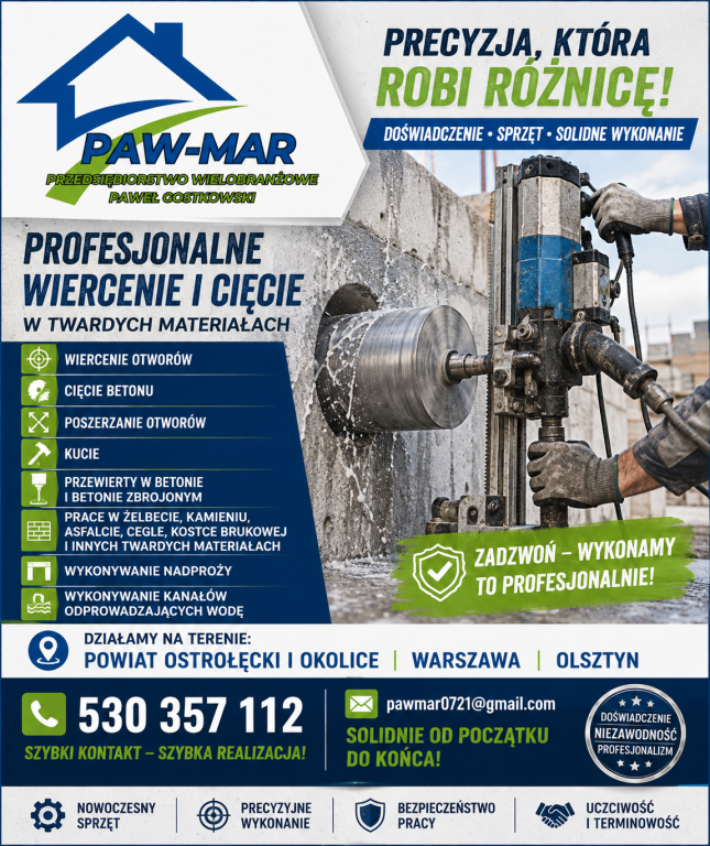 Wiercenie, Przewierty, Cięcie, Kucie w betonie, betonie zbrojonym