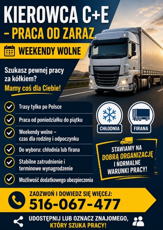 ZATRUDNIĘ KIEROWCĘ C+E - chłodnia/firana - POLSKA (PON-PT)