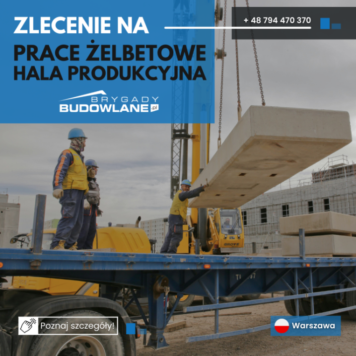 Prace żelbetowe (hala produkcyjna) 1000m2- Warszawa
