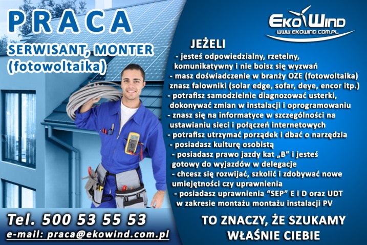 Praca!! Serwisant, monter instalacji OZE