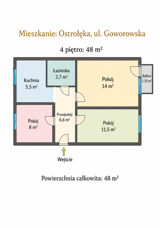 3-pokojowe mieszkanie - 48 m², ulica Goworowska
