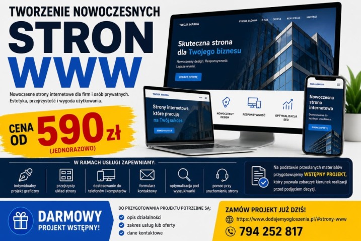 Strona WWW od 590 zł + projekt wstępny GRATIS/ NAWET W 24 H/ WYSTAWIAMY FAKTURY